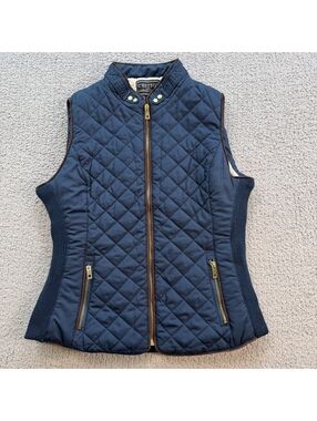 C’Est Toi Women’s Medium Navy Quilted Sherpa Lined Vest Gold Zip Equestrian